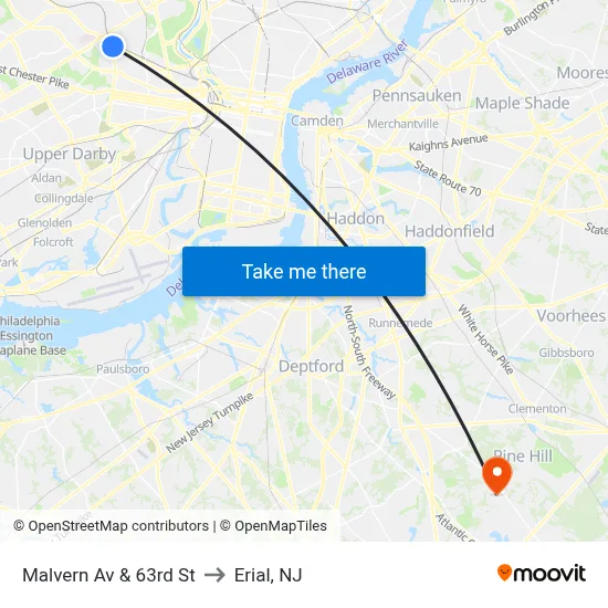 Malvern Av & 63rd St to Erial, NJ map