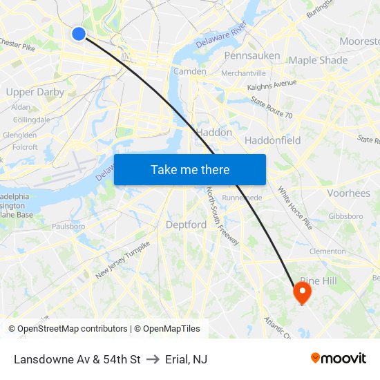 Lansdowne Av & 54th St to Erial, NJ map