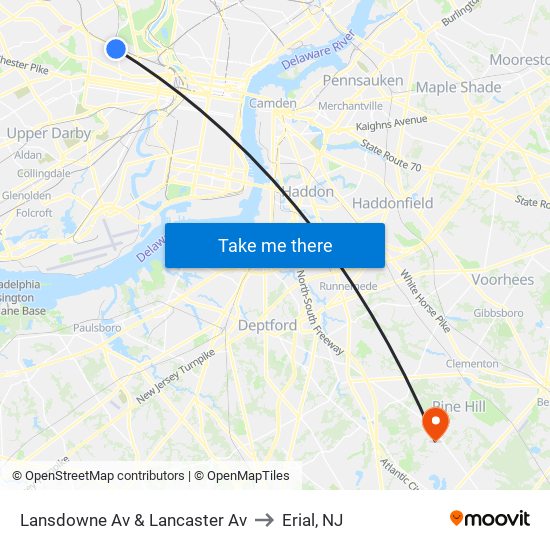 Lansdowne Av & Lancaster Av to Erial, NJ map