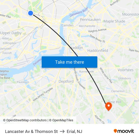 Lancaster Av & Thomson St to Erial, NJ map