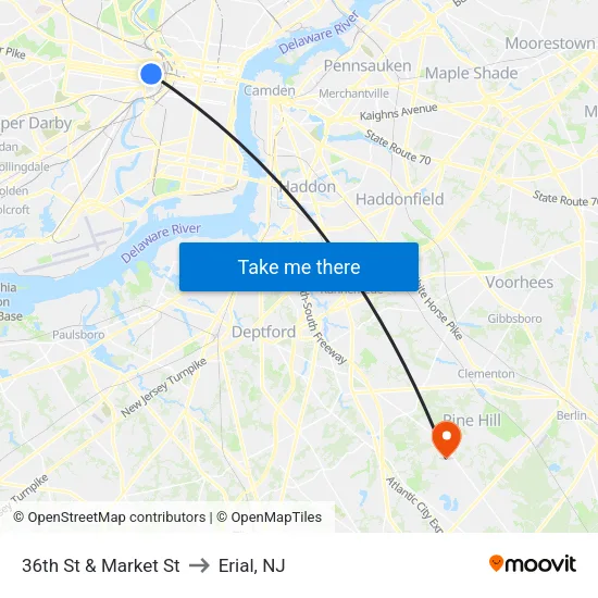 36th St & Market St to Erial, NJ map