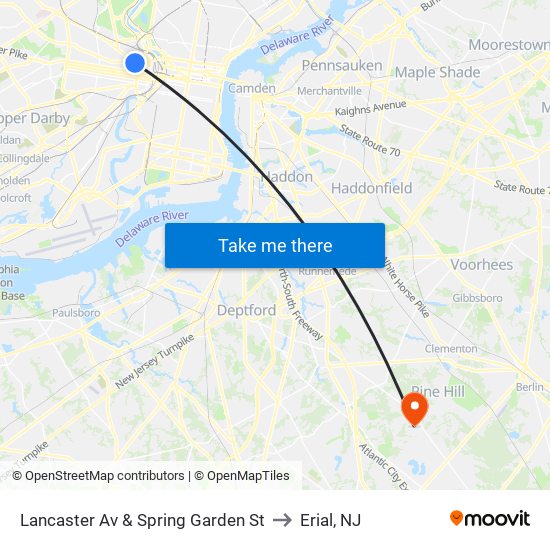 Lancaster Av & Spring Garden St to Erial, NJ map