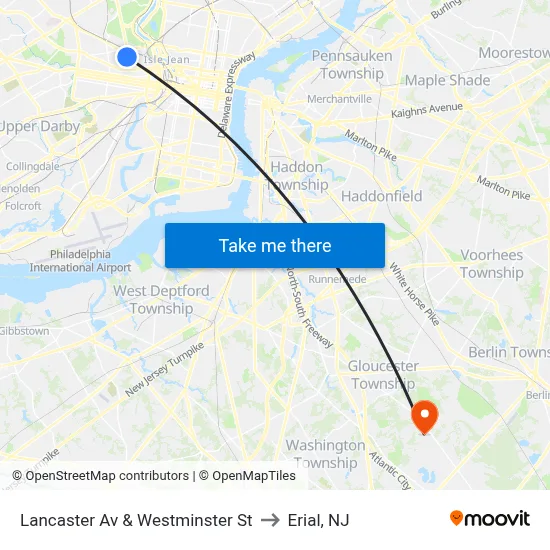 Lancaster Av & Westminster St to Erial, NJ map
