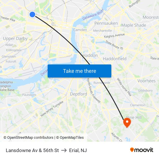 Lansdowne Av & 56th St to Erial, NJ map