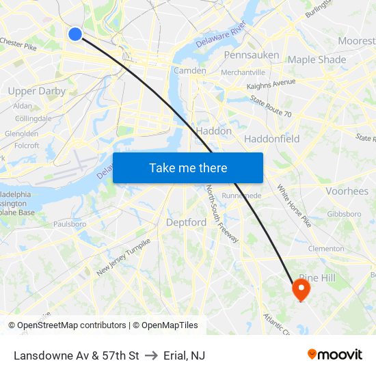 Lansdowne Av & 57th St to Erial, NJ map
