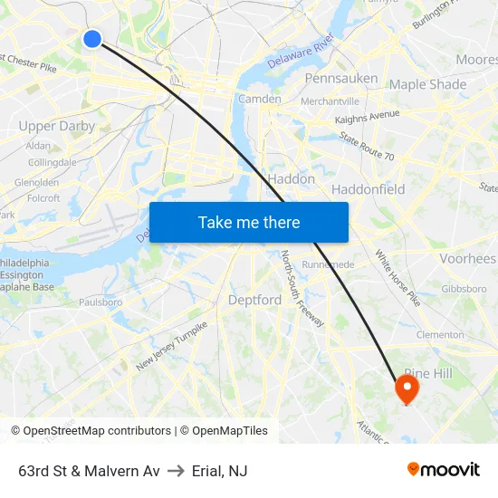 63rd St & Malvern Av to Erial, NJ map