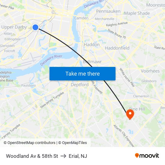 Woodland Av & 58th St to Erial, NJ map