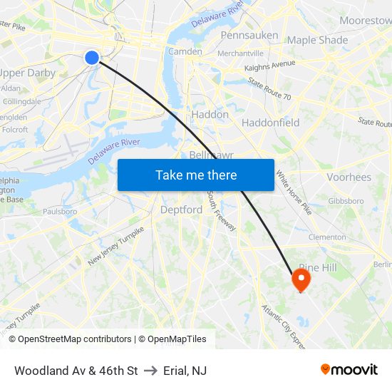 Woodland Av & 46th St to Erial, NJ map