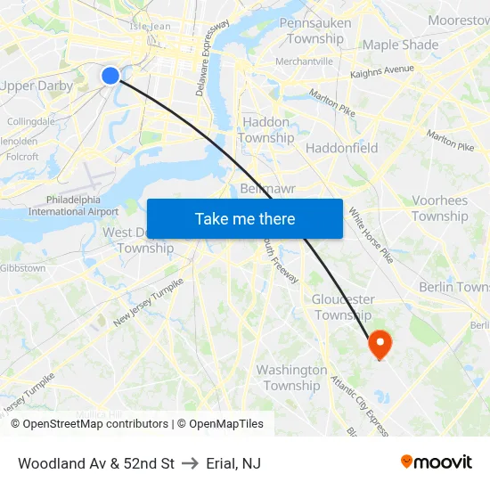 Woodland Av & 52nd St to Erial, NJ map