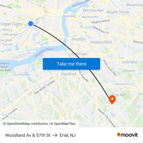 Woodland Av & 57th St to Erial, NJ map