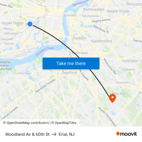 Woodland Av & 60th St to Erial, NJ map