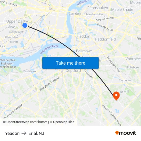 Yeadon to Erial, NJ map