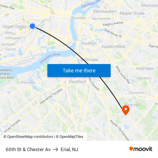 60th St & Chester Av to Erial, NJ map