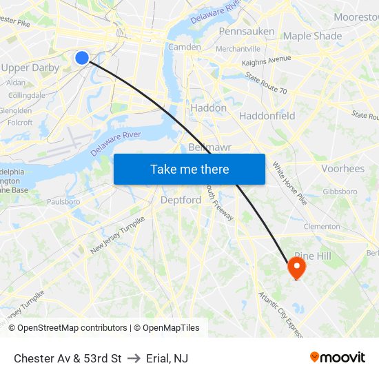 Chester Av & 53rd St to Erial, NJ map