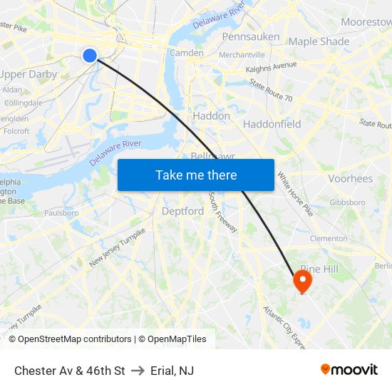 Chester Av & 46th St to Erial, NJ map