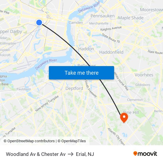 Woodland Av & Chester Av to Erial, NJ map