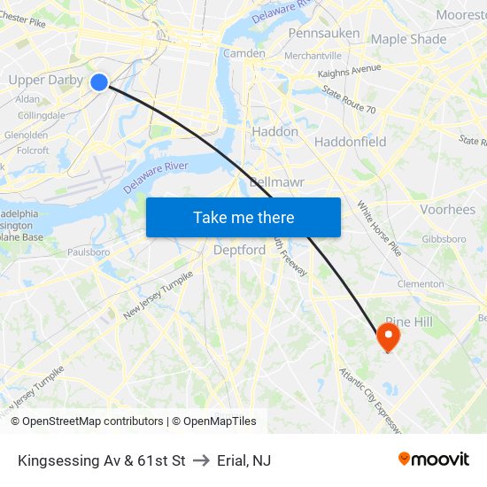 Kingsessing Av & 61st St to Erial, NJ map