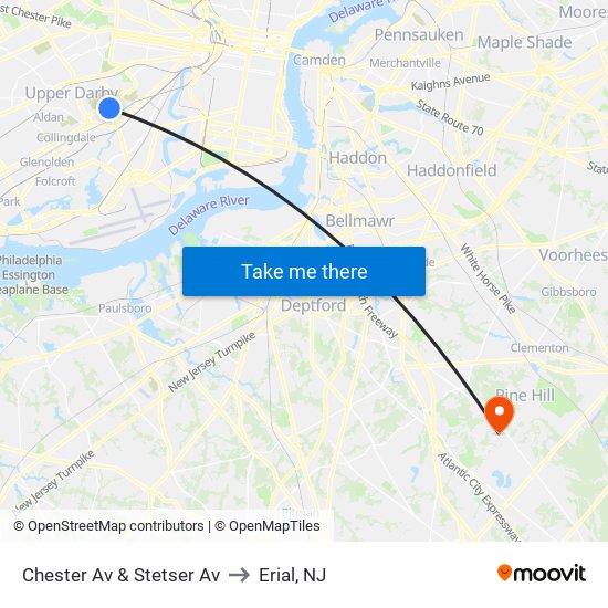 Chester Av & Stetser Av to Erial, NJ map