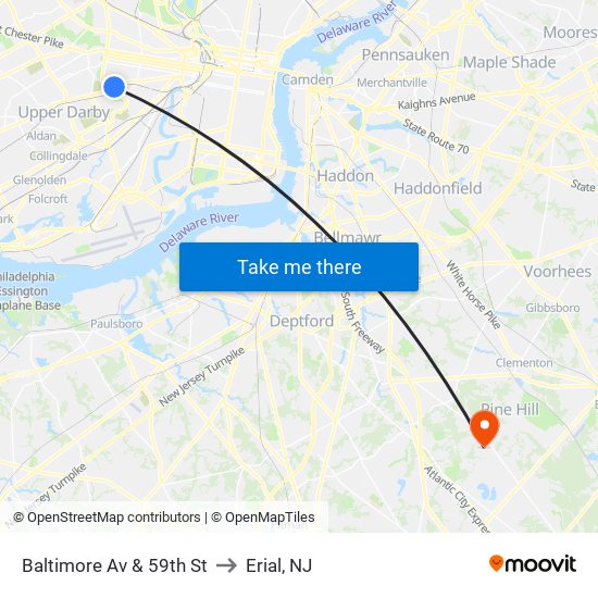 Baltimore Av & 59th St to Erial, NJ map