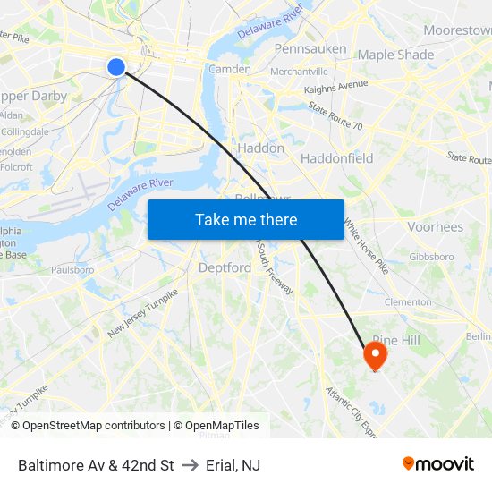 Baltimore Av & 42nd St to Erial, NJ map