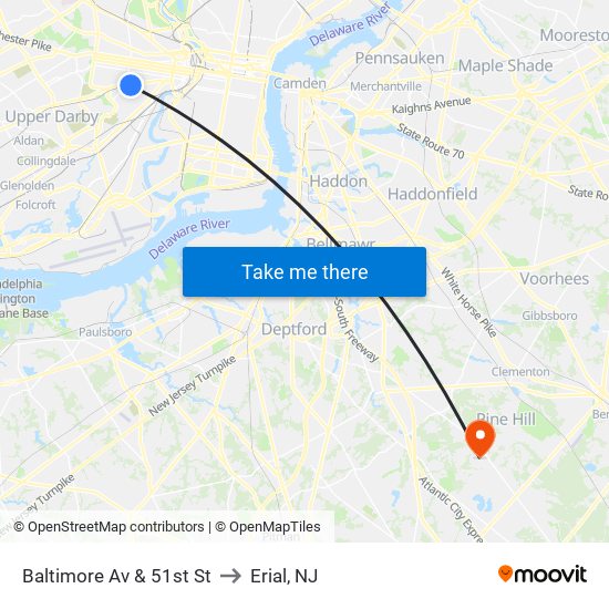 Baltimore Av & 51st St to Erial, NJ map