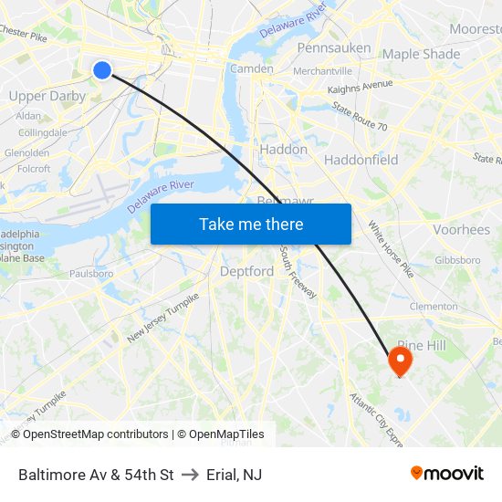 Baltimore Av & 54th St to Erial, NJ map