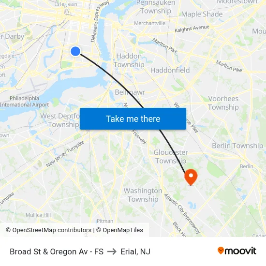 Broad St & Oregon Av - FS to Erial, NJ map