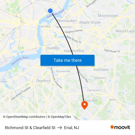 Richmond St & Clearfield St to Erial, NJ map