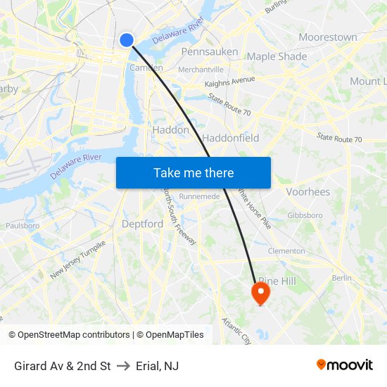 Girard Av & 2nd St to Erial, NJ map