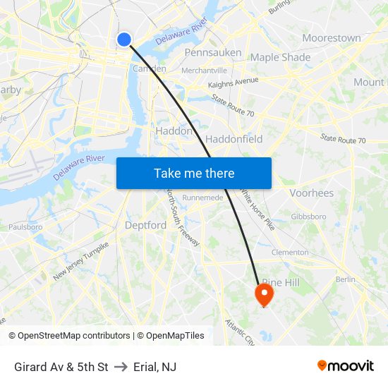 Girard Av & 5th St to Erial, NJ map