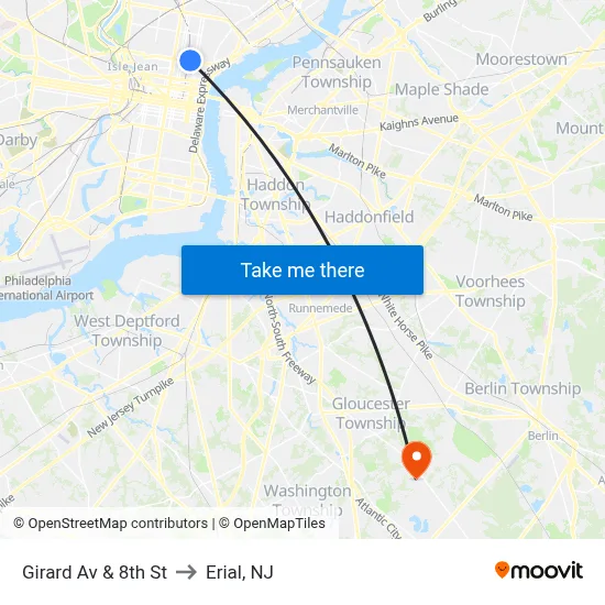 Girard Av & 8th St to Erial, NJ map