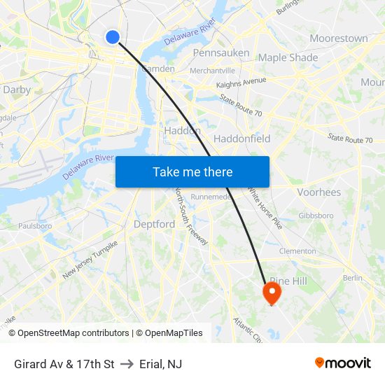 Girard Av & 17th St to Erial, NJ map