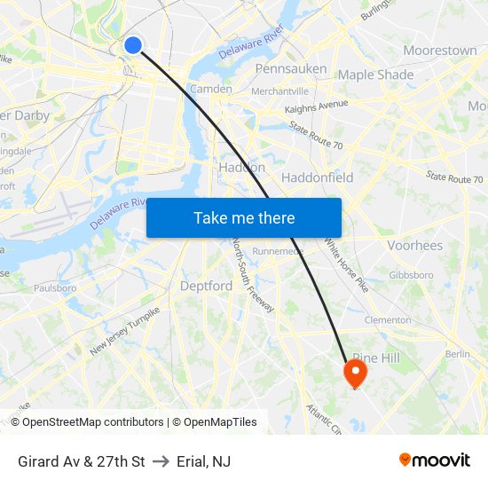 Girard Av & 27th St to Erial, NJ map