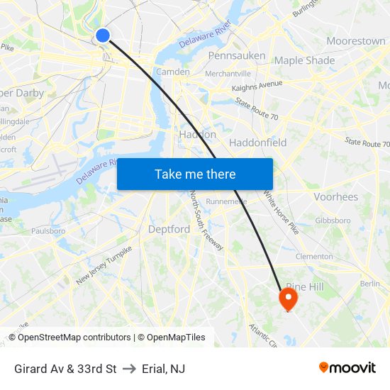 Girard Av & 33rd St to Erial, NJ map