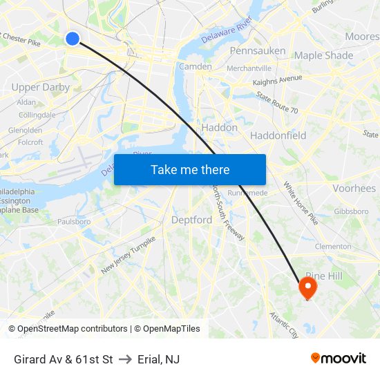 Girard Av & 61st St to Erial, NJ map