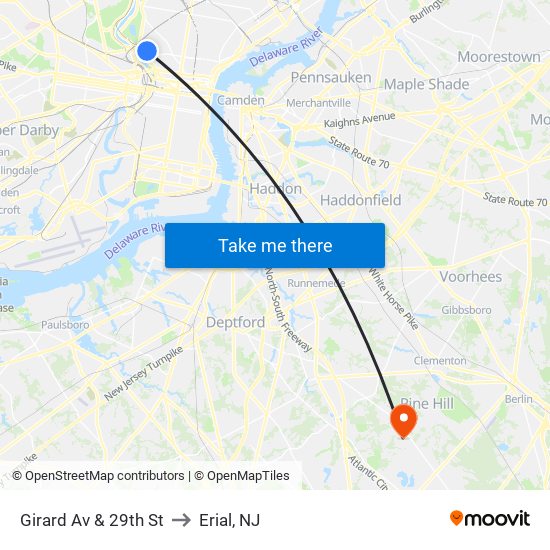Girard Av & 29th St to Erial, NJ map