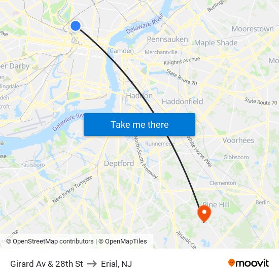 Girard Av & 28th St to Erial, NJ map