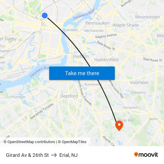 Girard Av & 26th St to Erial, NJ map