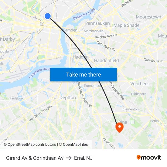 Girard Av & Corinthian Av to Erial, NJ map