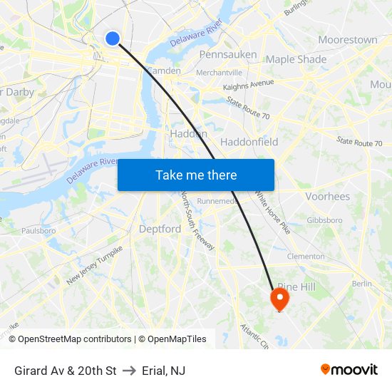 Girard Av & 20th St to Erial, NJ map
