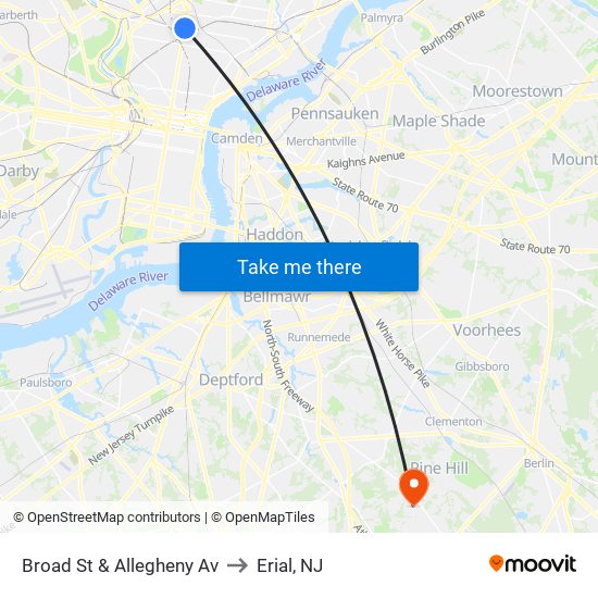 Broad St & Allegheny Av to Erial, NJ map