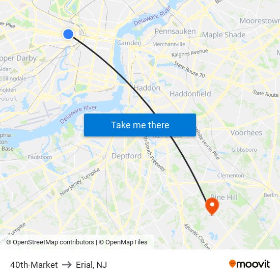 40th-Market to Erial, NJ map