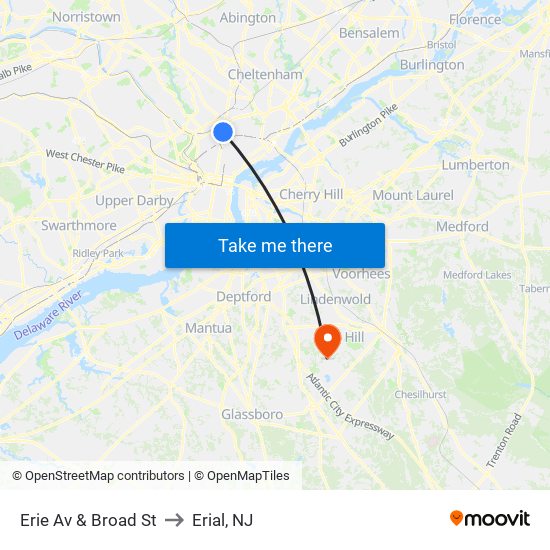 Erie Av & Broad St to Erial, NJ map