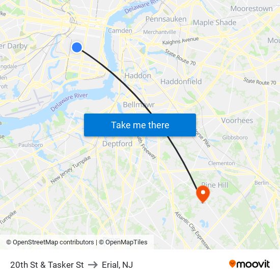 20th St & Tasker St to Erial, NJ map