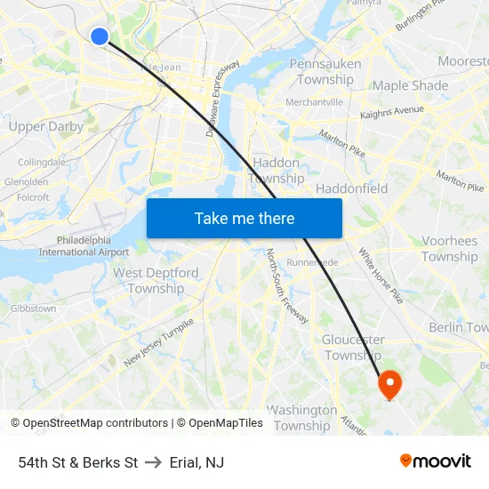 54th St & Berks St to Erial, NJ map