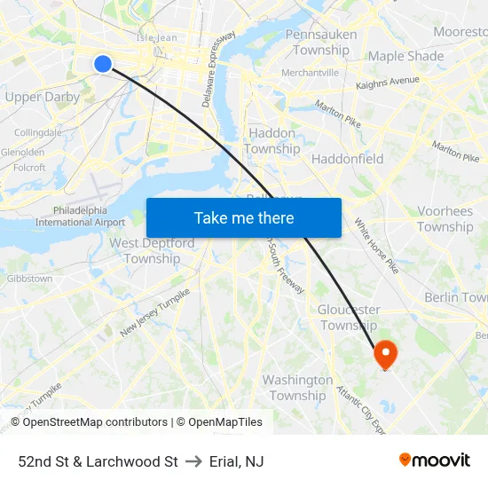 52nd St & Larchwood St to Erial, NJ map