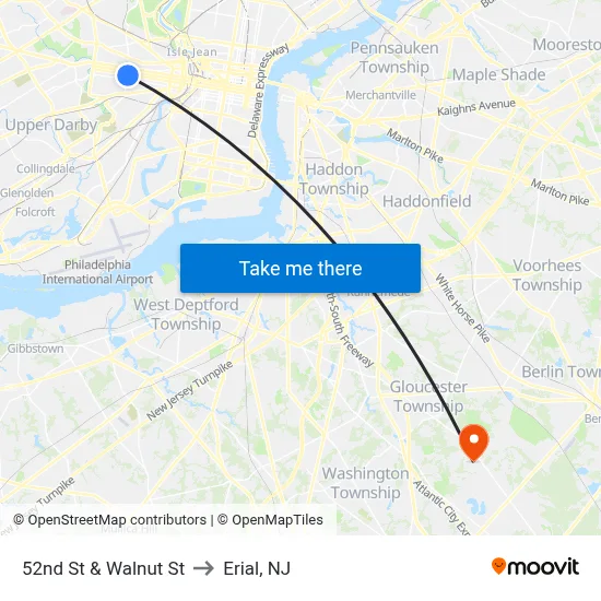 52nd St & Walnut St to Erial, NJ map