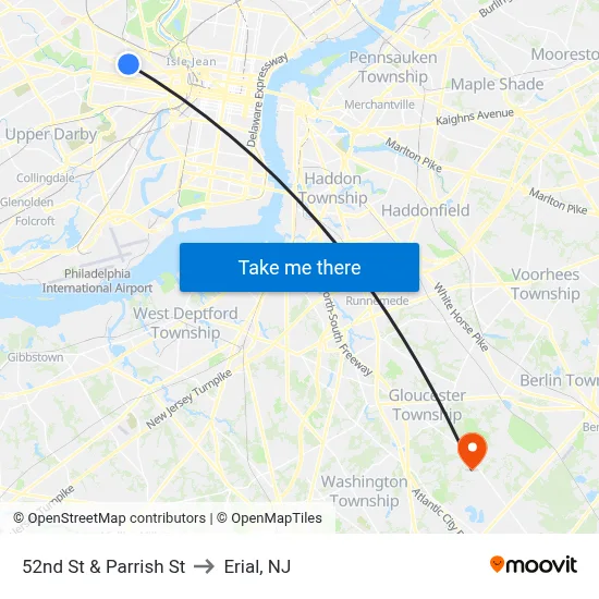52nd St & Parrish St to Erial, NJ map