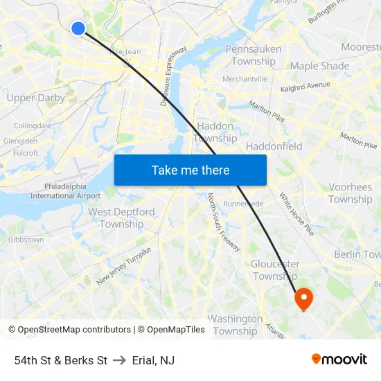 54th St & Berks St to Erial, NJ map