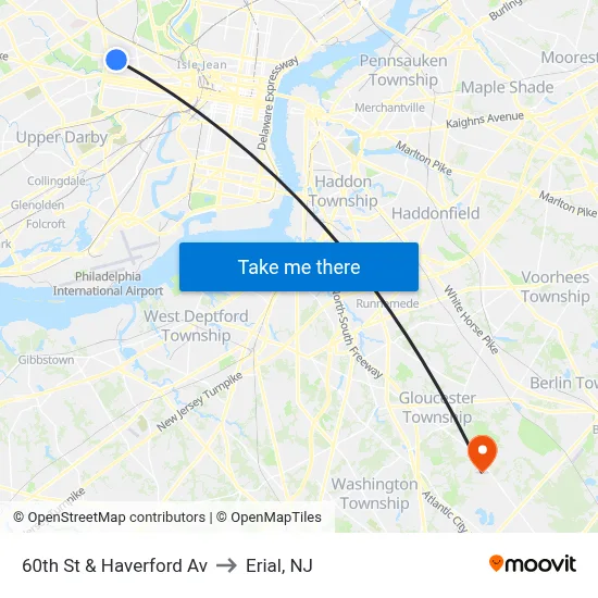 60th St & Haverford Av to Erial, NJ map